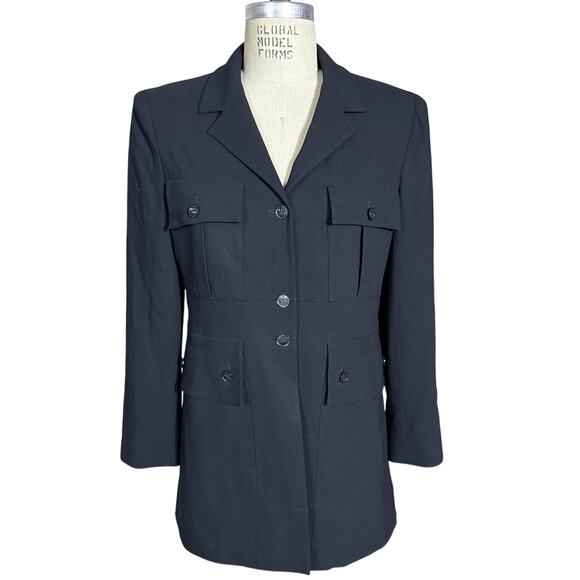 Vintage 90s Chanel Long 4 Pocket Wool Blazer in Black Size 44 - Picture 1 of 11
